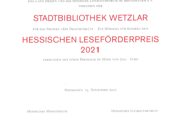 Eingescannte Urkunde für den Hessischen Leseförderpreis 2021