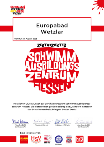Urkunde Europabad Wetzlar Zertifikat Schwimmausbildungszentrum Hessen
